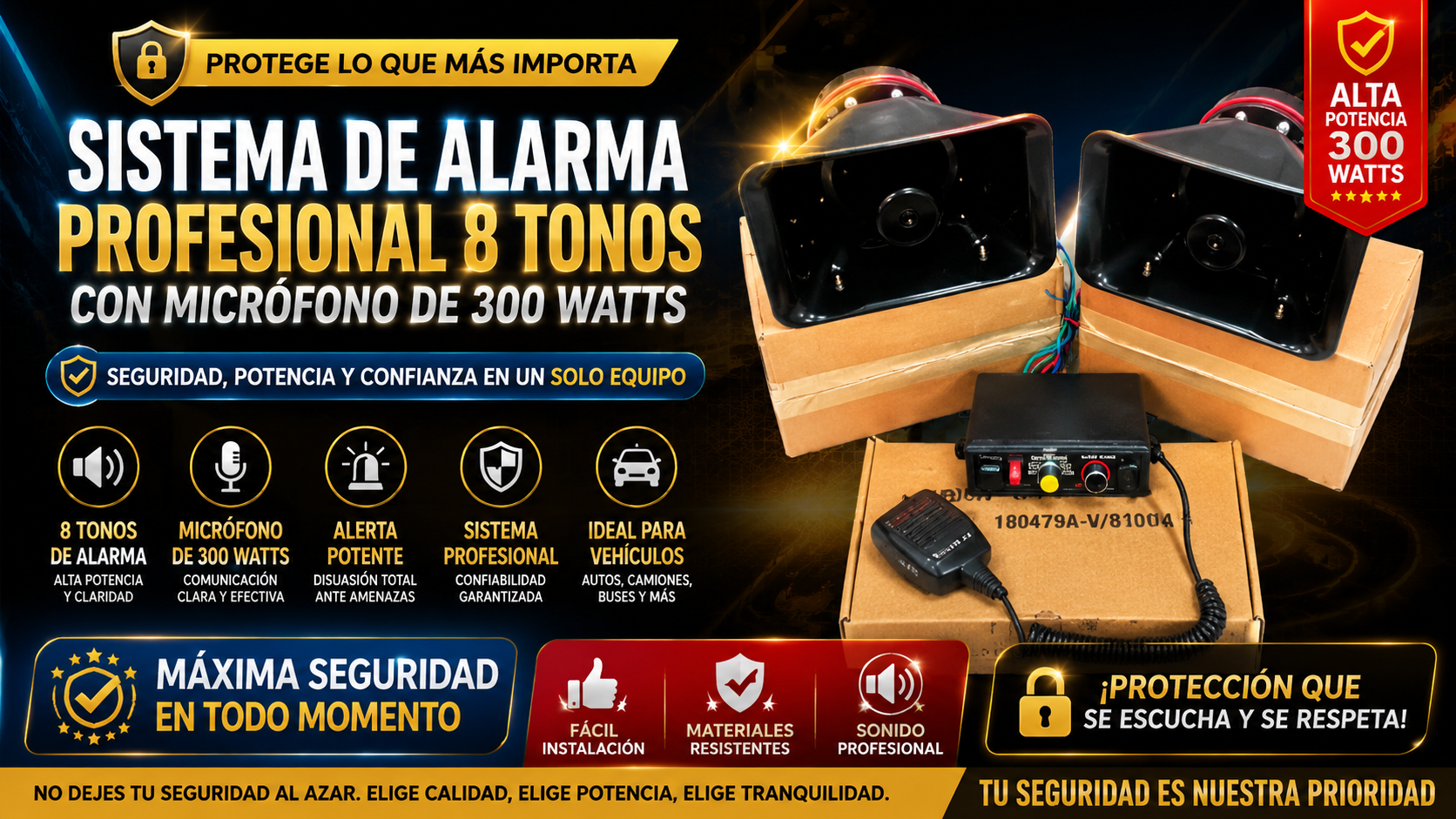 SISTEMA ALARMA 8 TONOS DE 300 WATTS